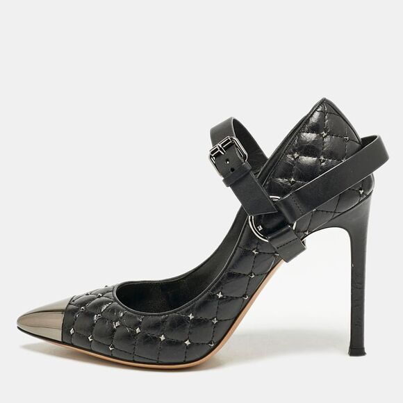 Valentino Black Quilted Leather Rockstud Spike Ankle Strap Cap Toe Pointed